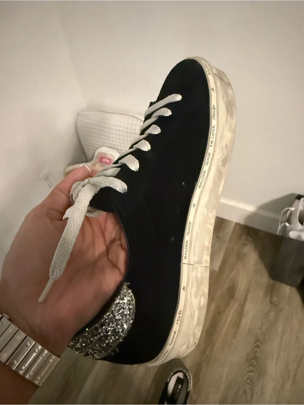 Golden Goose Hi Star Women’s Black Suede with Silver Glitter Star. Size 39